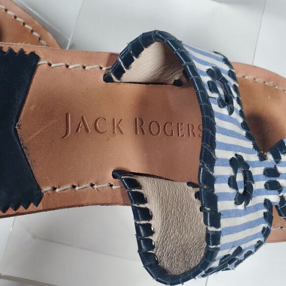 Jack Rogers Women’s Sandals Size 6.5 Blue White Pinstripe Leather Thong Flats - Picture 4 of 7